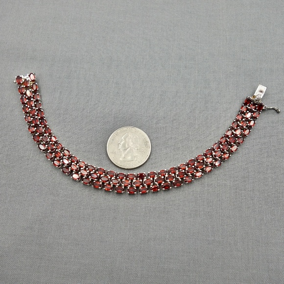 925 Sterling Silver Red Garnet Triple Row Line Bracelet - Picture 3 of 8